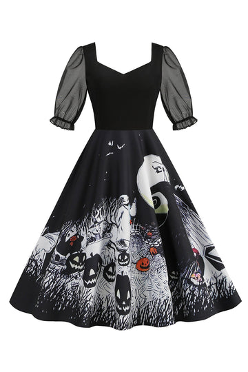 Black A Line Halloween Printed Vintage 1950s Dress